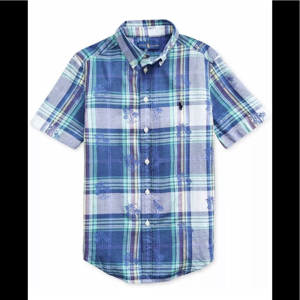 NWT Polo Ralph Lauren Palms Tree Cotton Madras Shirt Shorts Sleeves.